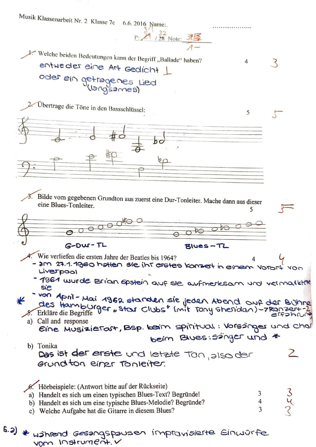 Balladen, Bassschlüssel, und Blues in Klasse 7 - Klassenarbeit 2