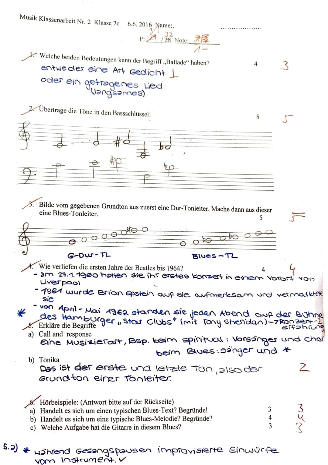 Musik Klassenarbeit Nr. 2 Klasse 7c
7:
6.6.2016 Name:.
32
P: 29/28 Note: B
1-
Welche beiden Bedeutungen kann der Begriff ,,Ballade" haben?
e