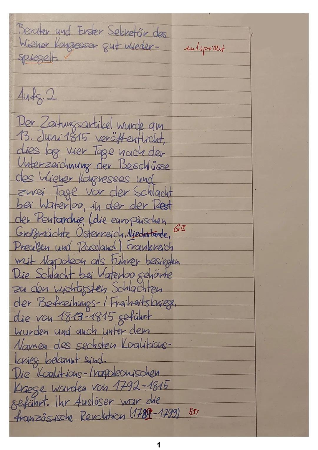 Geschichte-Klausur über den Wiener Kongress und Deutschen Bund
