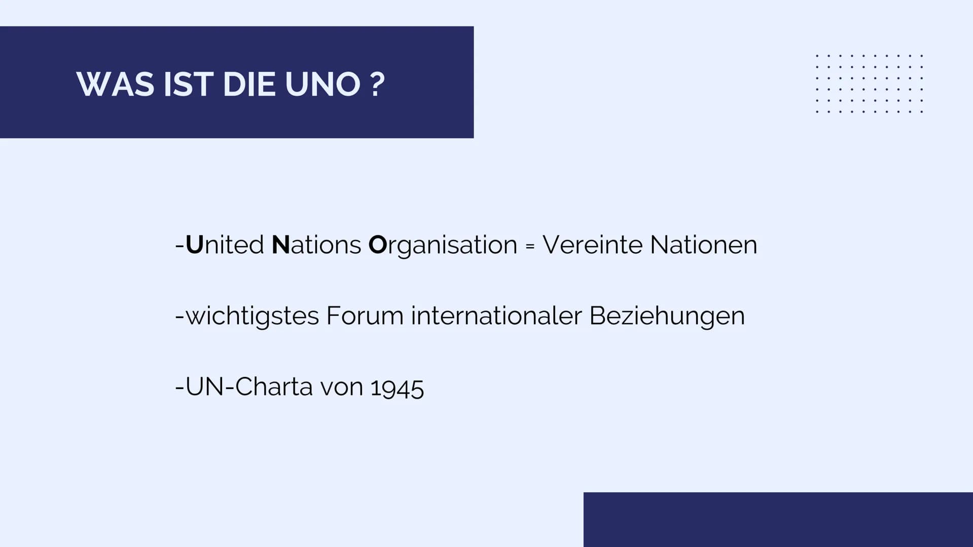
<p>Die Vereinten Nationen (VN) oder auch United Nations (UNO) genannt, sind das wichtigste Forum internationaler Beziehungen, das im Rahmen