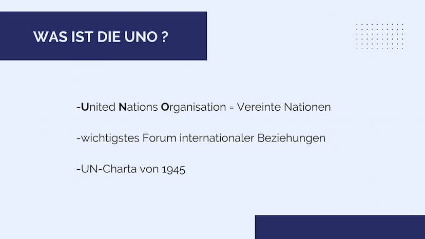 
<p>Die Vereinten Nationen (VN) oder auch United Nations (UNO) genannt, sind das wichtigste Forum internationaler Beziehungen, das im Rahmen