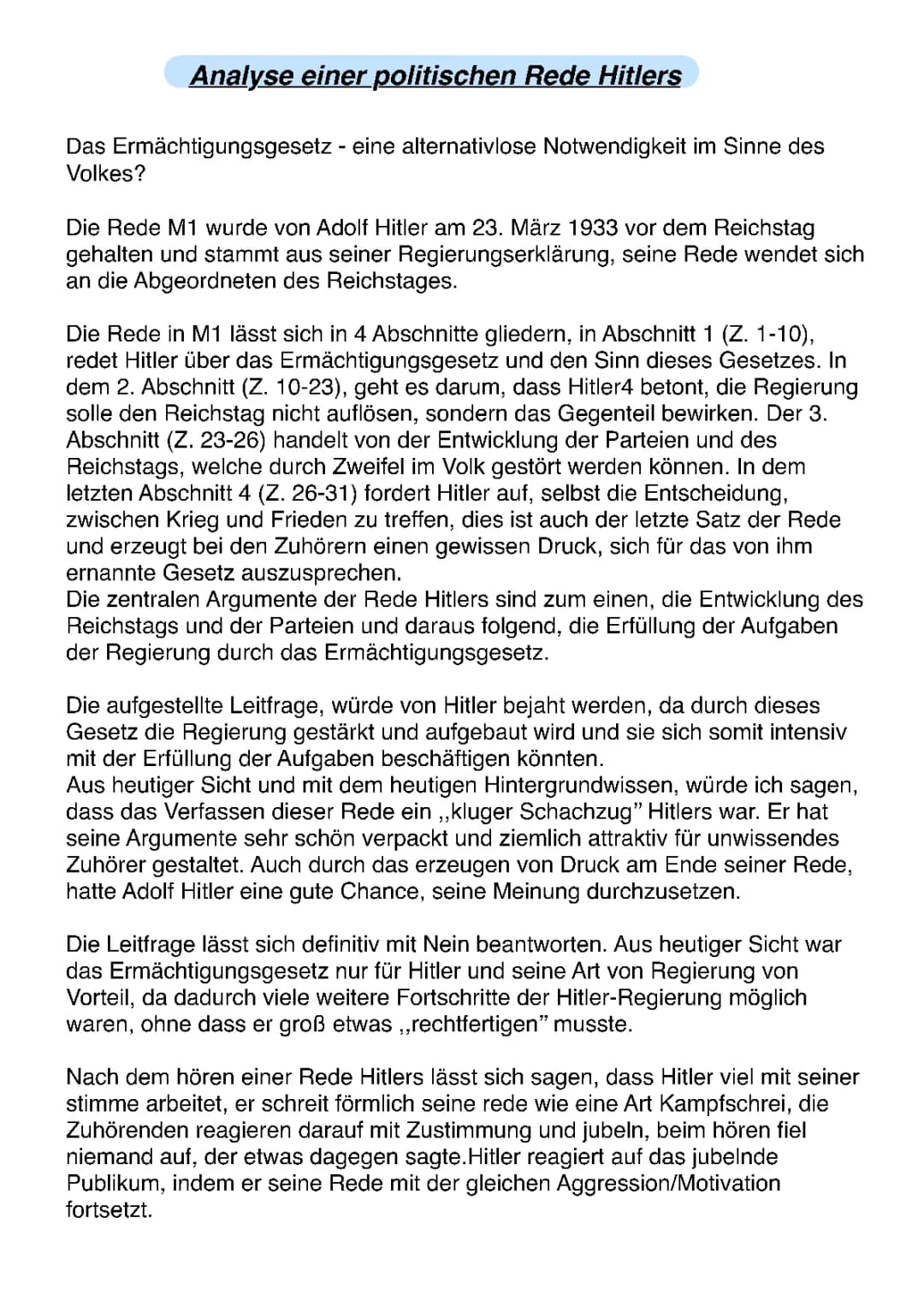 Analyse einer Rede von Hitler / Wels