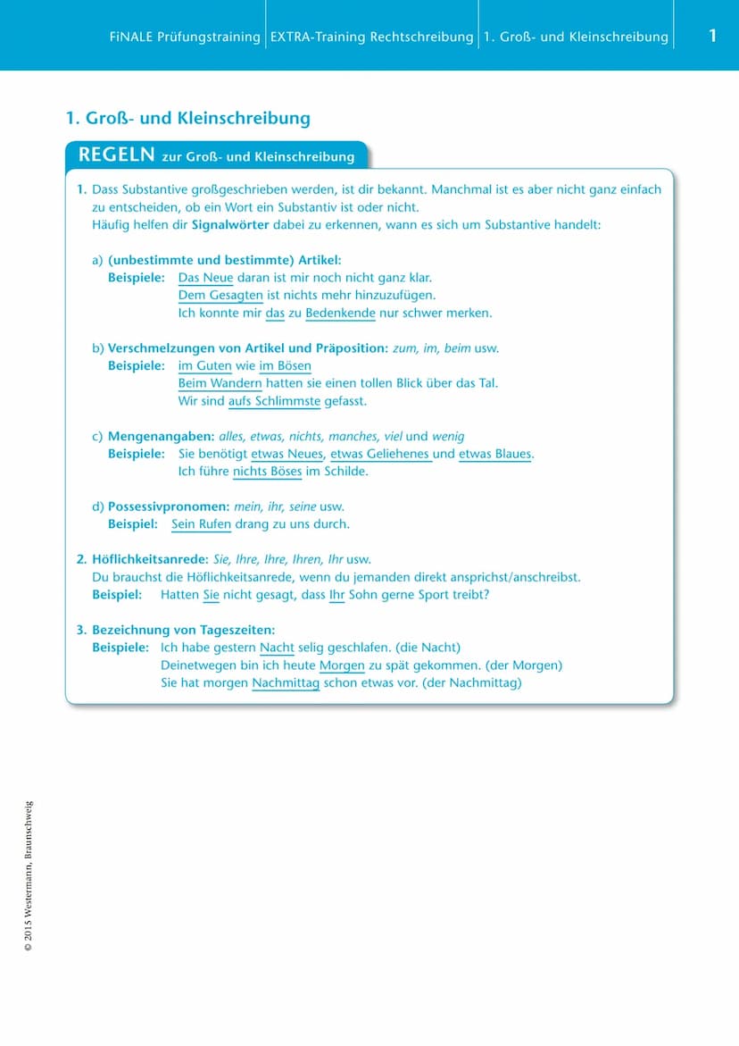 © 2015 Westermann, Braunschweig
EXTRA-Training
FINALE Rechtschreibung
Inhaltsverzeichnis
1. Groß- und Kleinschreibung
2. Getrennt- und Zusam