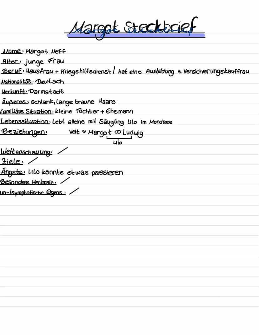 Deutsch Marget Steckbrief
Name: Margot Neff
Alter junge Frau
Beruf Hausfrau + Kriegshilfsdienst / hat eine Ausbildung z. Versicherungskauffr