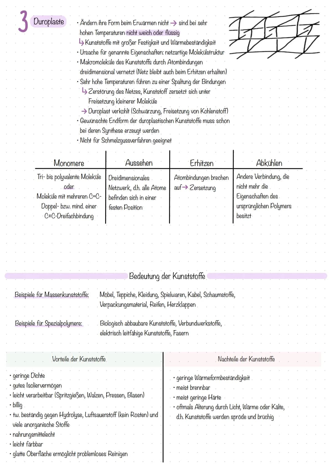 KUNSTSTOFFE
Kunststoffe (= Polymere) sind organischer Natur. Sie sind aus Monomeren zu Polymeren (=Makromolekülen) zusammengesetzt.
(Molekül