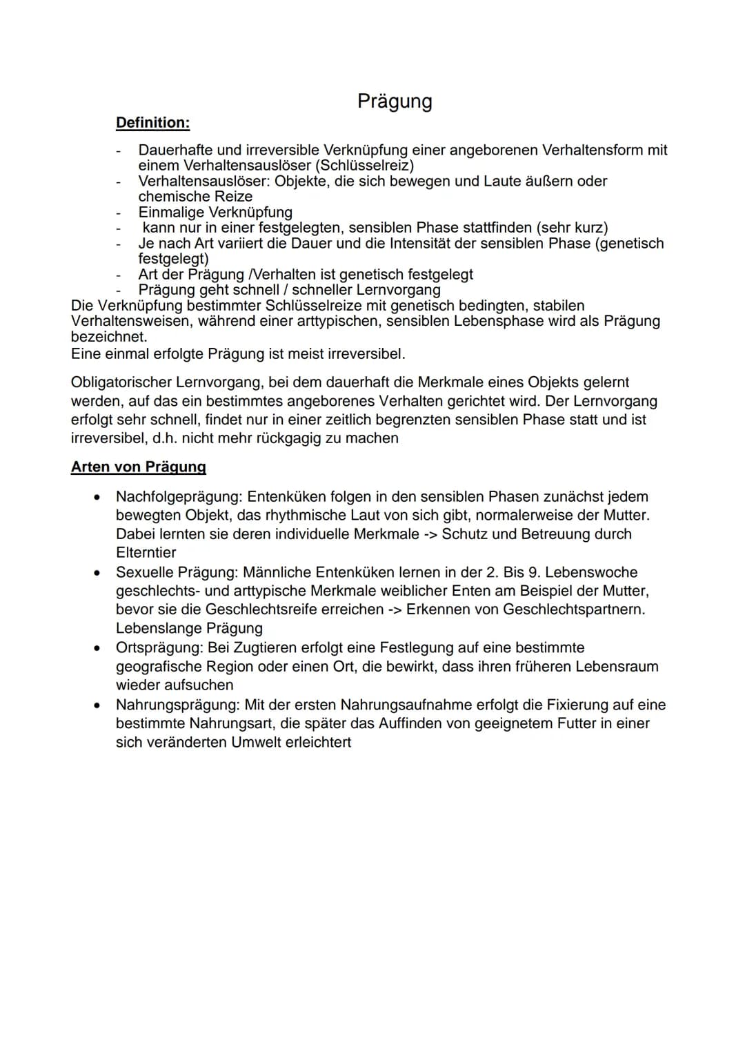 
<h2 id="definition">Definition</h2>
<p>Die Prägung ist in der Psychologie und Biologie als die dauerhafte und irreversible Verknüpfung eine