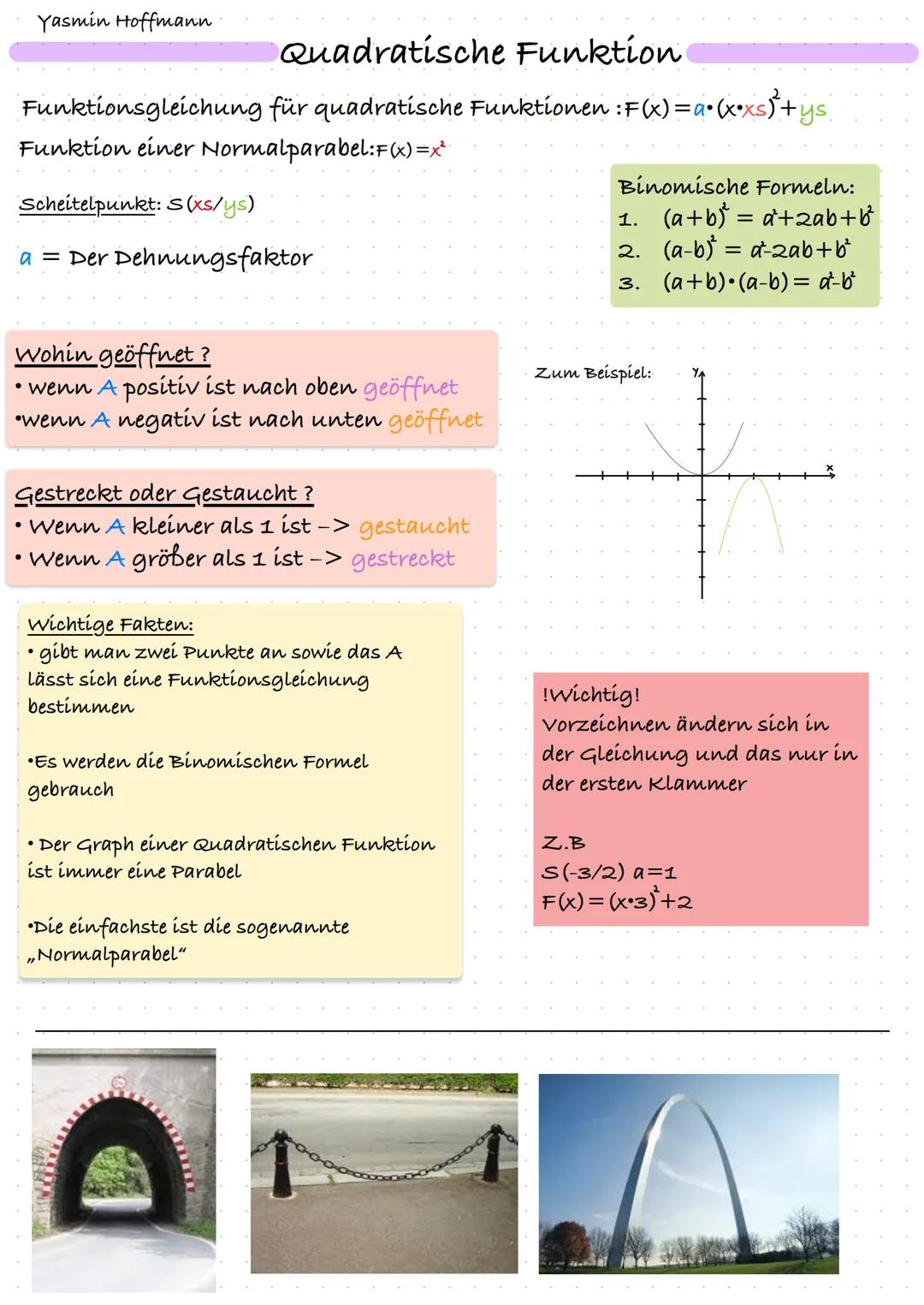 Yasmin Hoffmann
# Quadratische Funktion
Funktionsgleichung für quadratische Funktionen: $F(x)=a\cdot(x·xs)+ys$
Funktion einer Normalparabel: