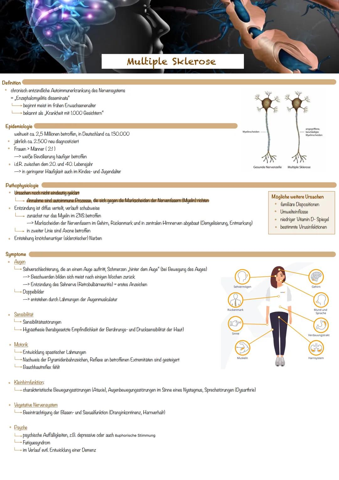 Definition
chronisch entzündliche Autoimmunerkrankung des Nervensystems
- „Enzephalomyelitis disseminata"
beginnt meist im frühen Erwachsene