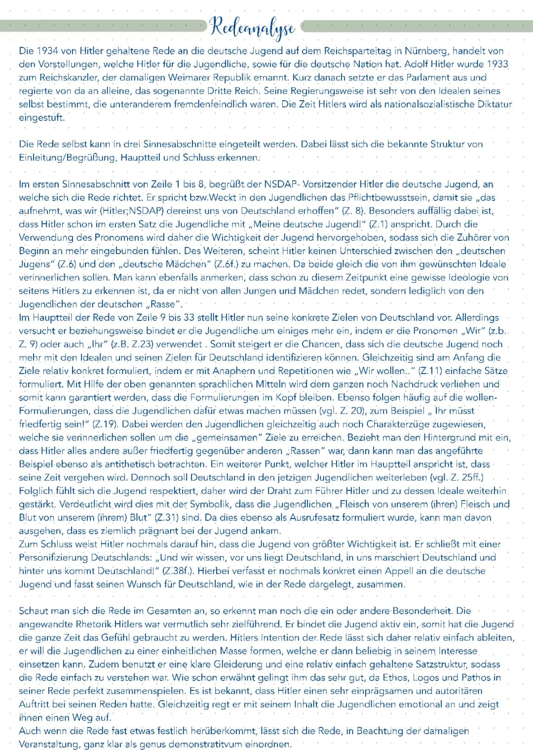 Analyse von Hitlers Rede an die Jugend 1935 und Reichsparteitag