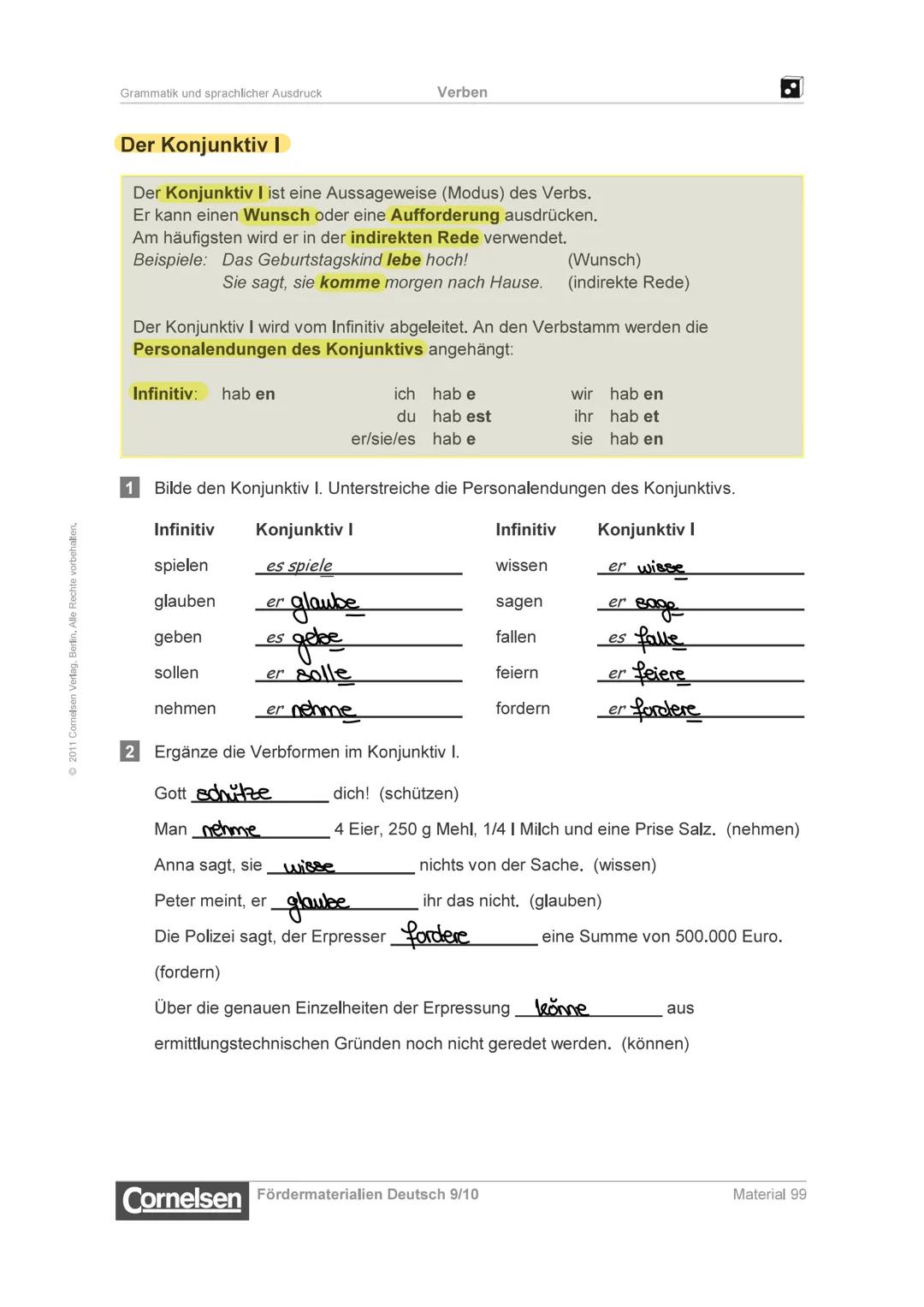 ©2011 Comelsen Verlag, Berlin, Alle Rechte vorbehalten.
Grammatik und sprachlicher Ausdruck
Der Konjunktiv I
Der Konjunktiv I ist eine Aussa