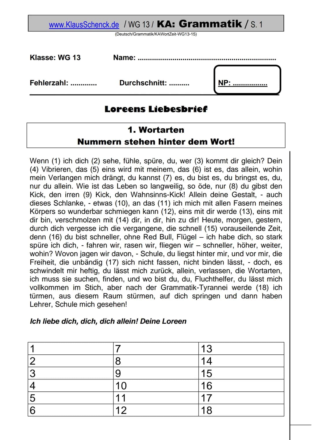 www.KlausSchenck.de / Deutsch / WG 13 KA: Grammatik / S. 1
(Deutsch/Grammatik/KAWortZeit-WG13-17)
Klasse: WG 13
Fehlerzahl:
Name:
Durchschni