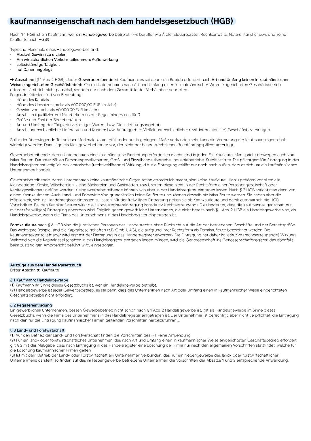 Kaufmannseigenschaft nach dem Handelsgesetzbuch (HGB)