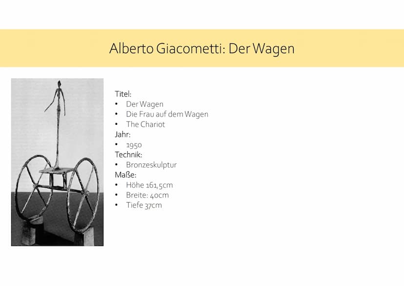 Alberto Giacometti: Der Wagen
Max Ernst: Capricorn Alberto Giacometti: Der Wagen
Titel:
Jahr:
●
1950
Technik:
Der Wagen
Die Frau auf dem Wag