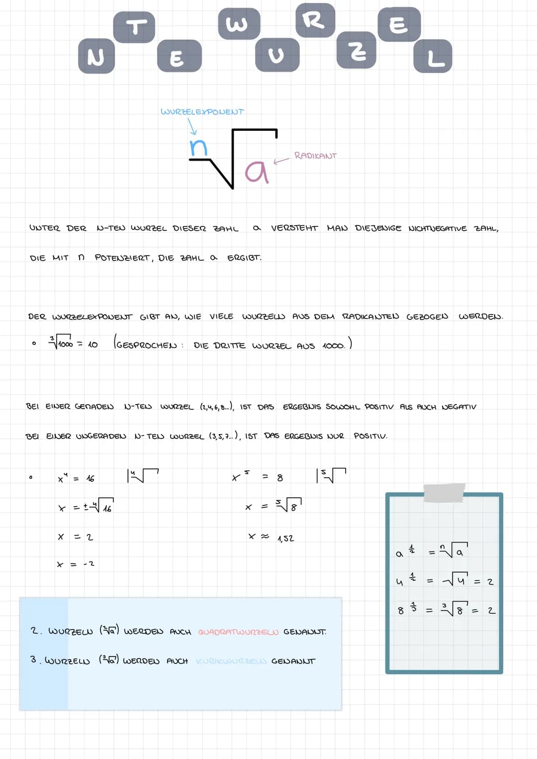 N
O
DIE MIT D POTENZIERT, DIE ZAHL a ERGIBT.
0
E
WURZELEXPONENT
x = 16
.។
UNTER DER N-TEN WURZEL DIESER ZAHL a VERSTEHT MAN DIEJENIGE NICHTN