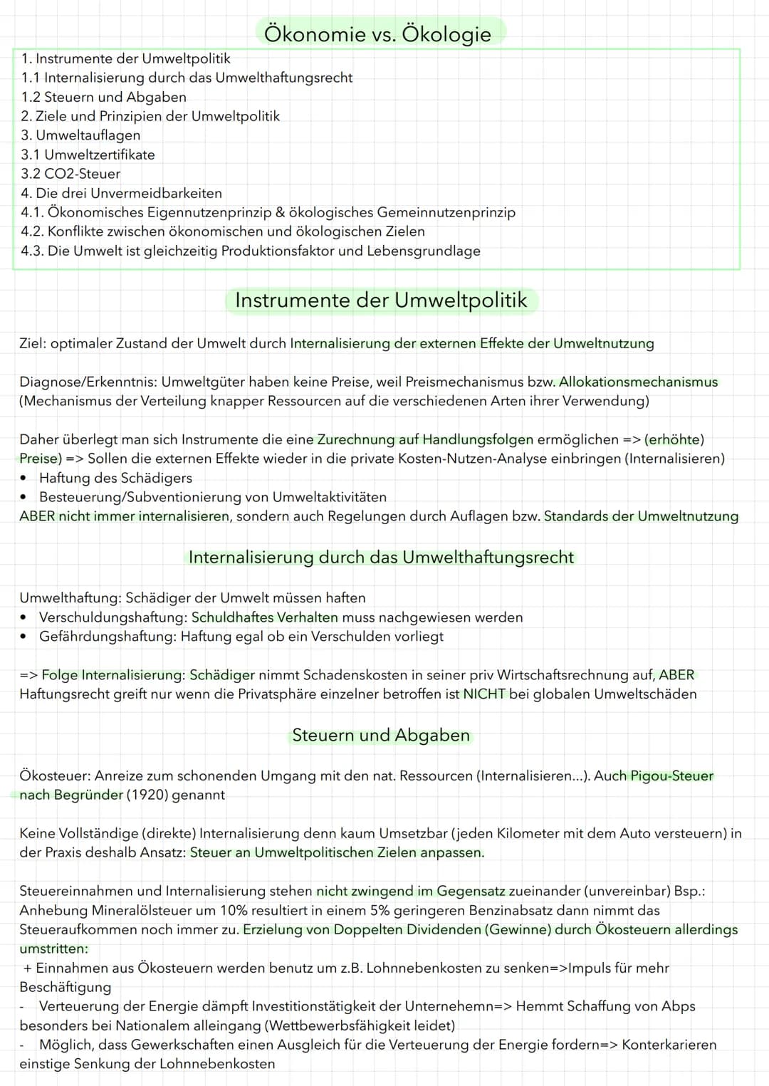 Ökonomie vs. Ökologie
1. Instrumente der Umweltpolitik
1.1 Internalisierung durch das Umwelthaftungsrecht
1.2 Steuern und Abgaben
2. Ziele u