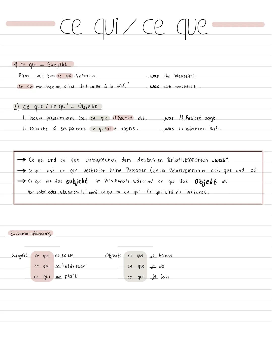 # ce qui / ce que

1) ce qui = Subjekt

Pierre sait bien ce qui l'interesse. ... was ihn interessiert.

„Ce qui me fascine, c'est de travail