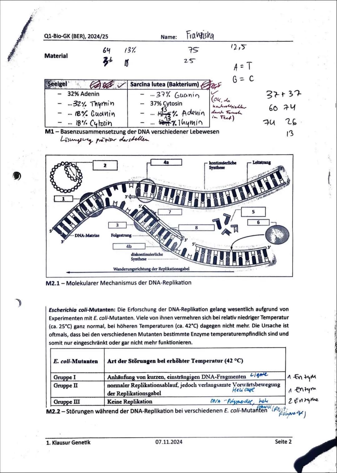 # 1. Klausur Genetik, 07.11.2024

Aufgaben:

1. DNA als Träger der Erbinformation

Name:

14
Ben
14 13 1ζωμο 9 8 7 6 5 4 3 2 1 0
5 2-1112122