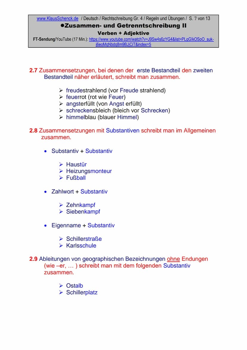www.KlausSchenck.de / Deutsch/Rechtschreibung Gr. 4 / Regeln und Übungen / S. 1 von 13
●Zusammen- und Getrenntschreibung II
Verben + Adjekti