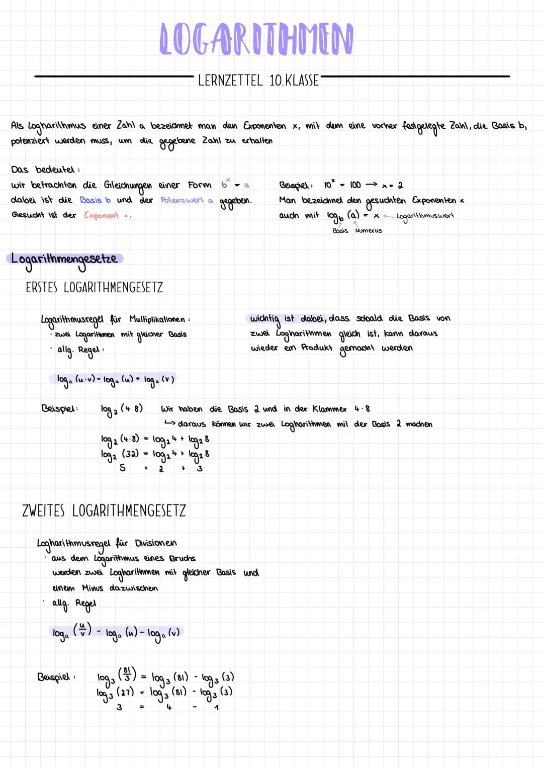 Als Logharithmus einer Zahl a bezeichnet man den Exponenten x, mit dem eine vorher festgelegte Zahl, die Basis b,
potenziert werden muss, um