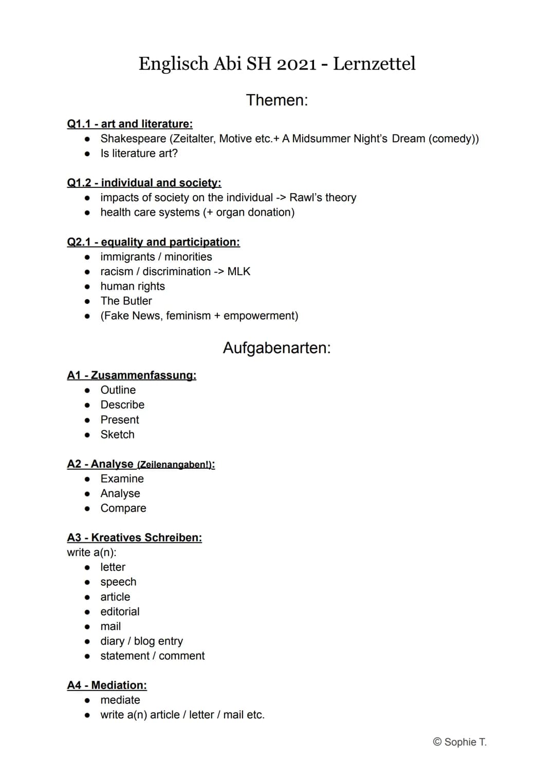 Englisch Abi SH 2021 - Lernzettel
Q1.1 - art and literature:
● Shakespeare (Zeitalter, Motive etc. + A Midsummer Night's Dream (comedy))
● I