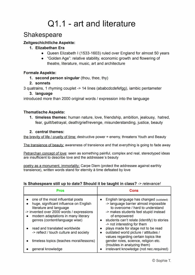 Englisch Abi SH 2021 - Lernzettel
Q1.1 - art and literature:
● Shakespeare (Zeitalter, Motive etc. + A Midsummer Night's Dream (comedy))
● I