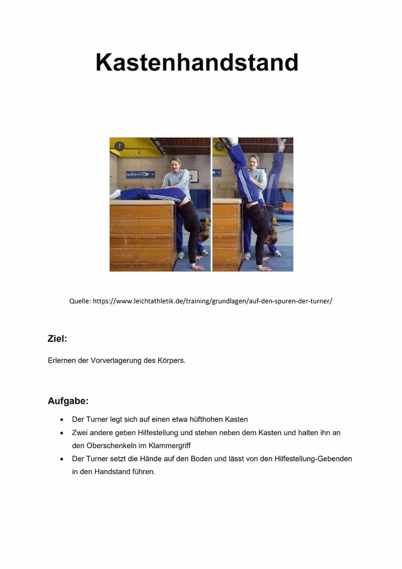 Handstand an der Wand
Quelle: http://www.felstroll.de/?Training__ _Handstand
Ziel:
Gefühl des Überkopf-Seins und der Spannung.
Aufgabe:
(Vor