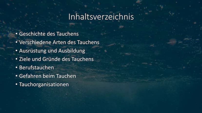 Tauchen • Geschichte des Tauchens
Verschiedene Arten des Tauchens
Ausrüstung und Ausbildung
Ziele und Gründe des Tauchens
●
●
●
• Berufstauc