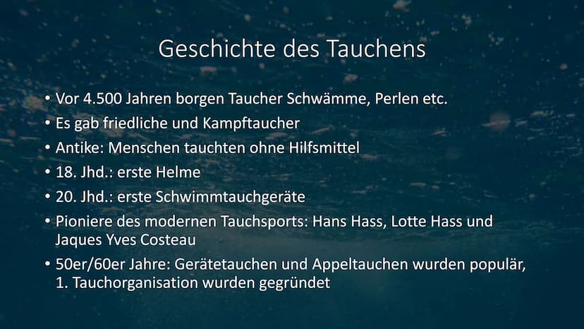 Tauchen • Geschichte des Tauchens
Verschiedene Arten des Tauchens
Ausrüstung und Ausbildung
Ziele und Gründe des Tauchens
●
●
●
• Berufstauc