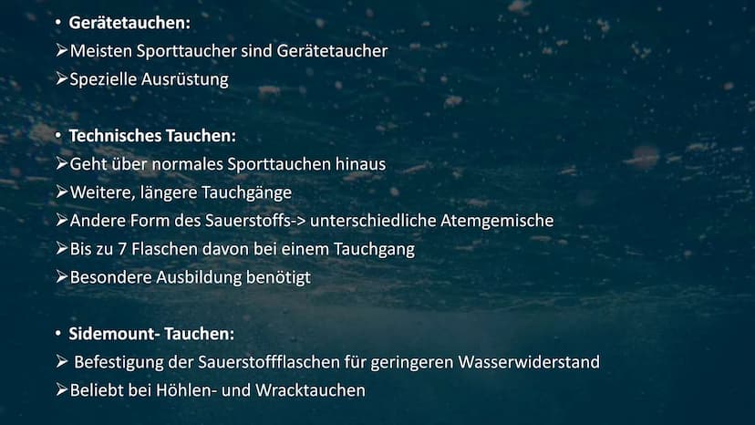 Tauchen • Geschichte des Tauchens
Verschiedene Arten des Tauchens
Ausrüstung und Ausbildung
Ziele und Gründe des Tauchens
●
●
●
• Berufstauc