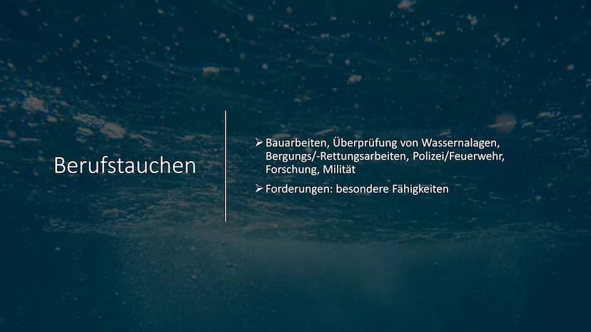 Tauchen • Geschichte des Tauchens
Verschiedene Arten des Tauchens
Ausrüstung und Ausbildung
Ziele und Gründe des Tauchens
●
●
●
• Berufstauc