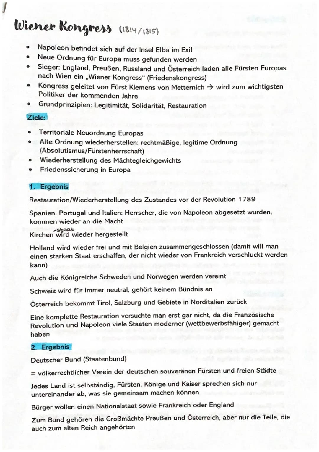 Wiener Kongress (1814/1815)
●
●
●
●
Napoleon befindet sich auf der Insel Elba im Exil
Neue Ordnung für Europa muss gefunden werden
Sieger: E