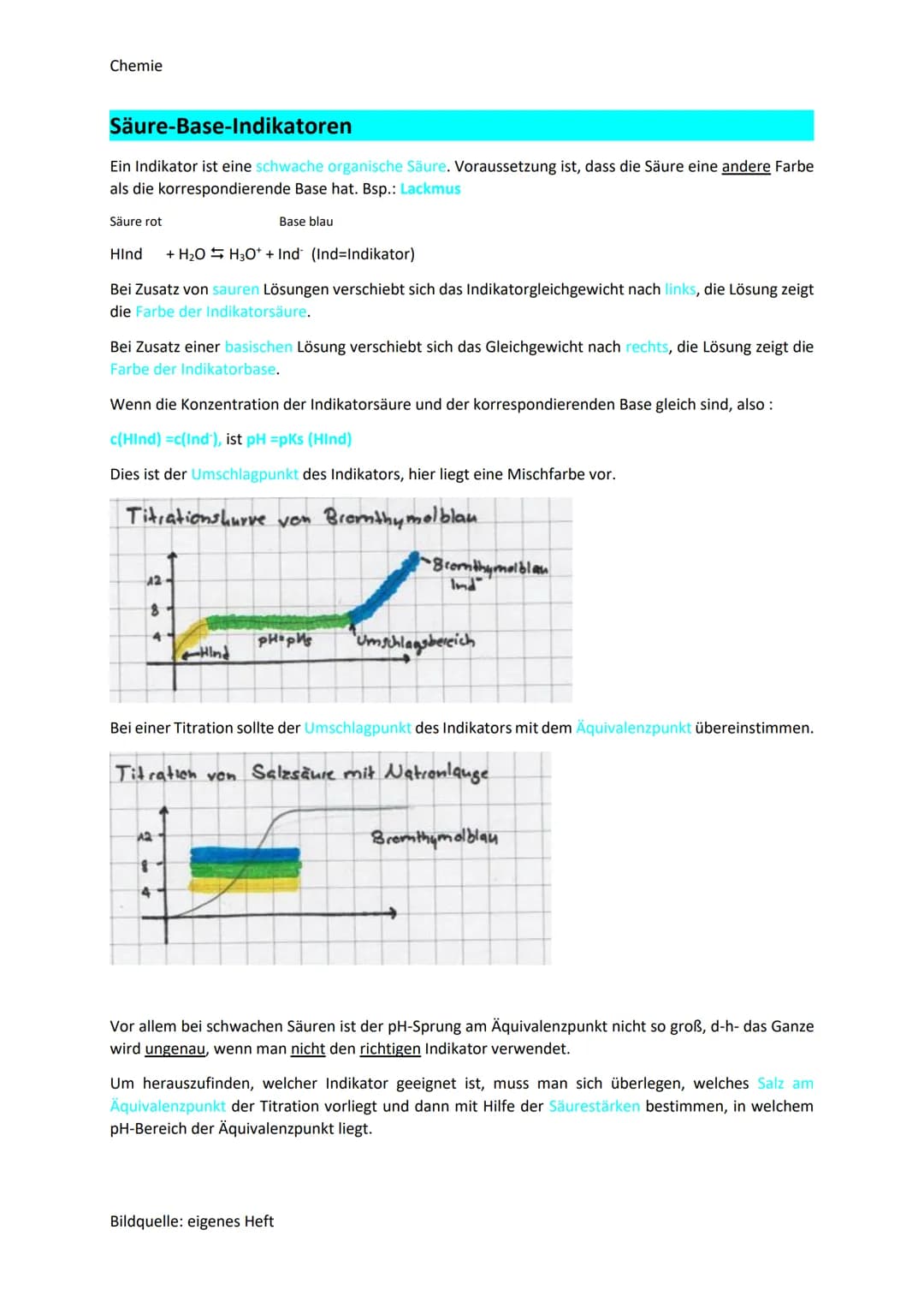 Chemie
Säure-Base-Indikatoren
Ein Indikator ist eine schwache organische Säure. Voraussetzung ist, dass die Säure eine andere Farbe
als die 
