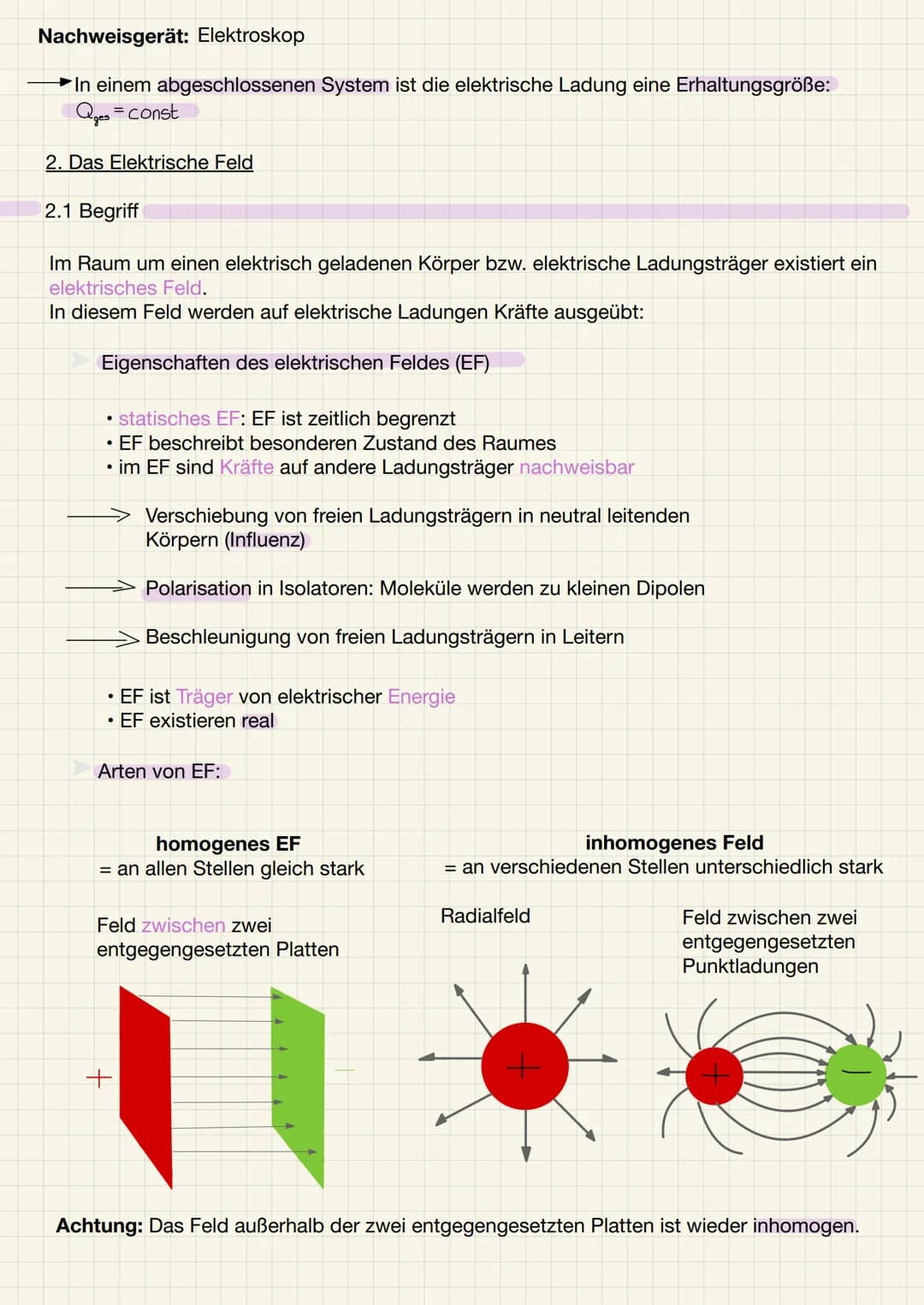 1. Die elektrische Ladung
1.1 Wiederholung - Ladungsarten und ihre Eigenschaften
Ladungsarten:
1) elektrische positive Ladungen: z.B. Proton
