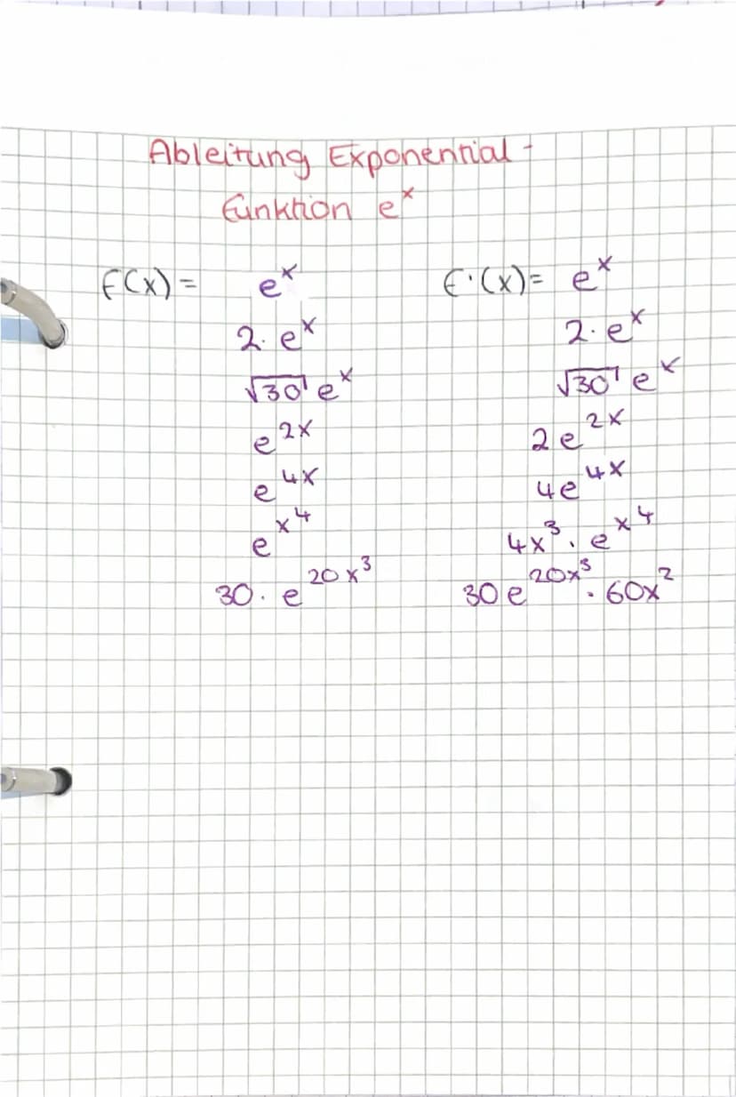 en 2,7 1...
E-Funktion
Exponent
((x)= e
f'(x) = ex
Basis
Die Ableitungsfunktion ist die
gleiche Exponentialfunktion
Ableiten von ex
((x) ((x