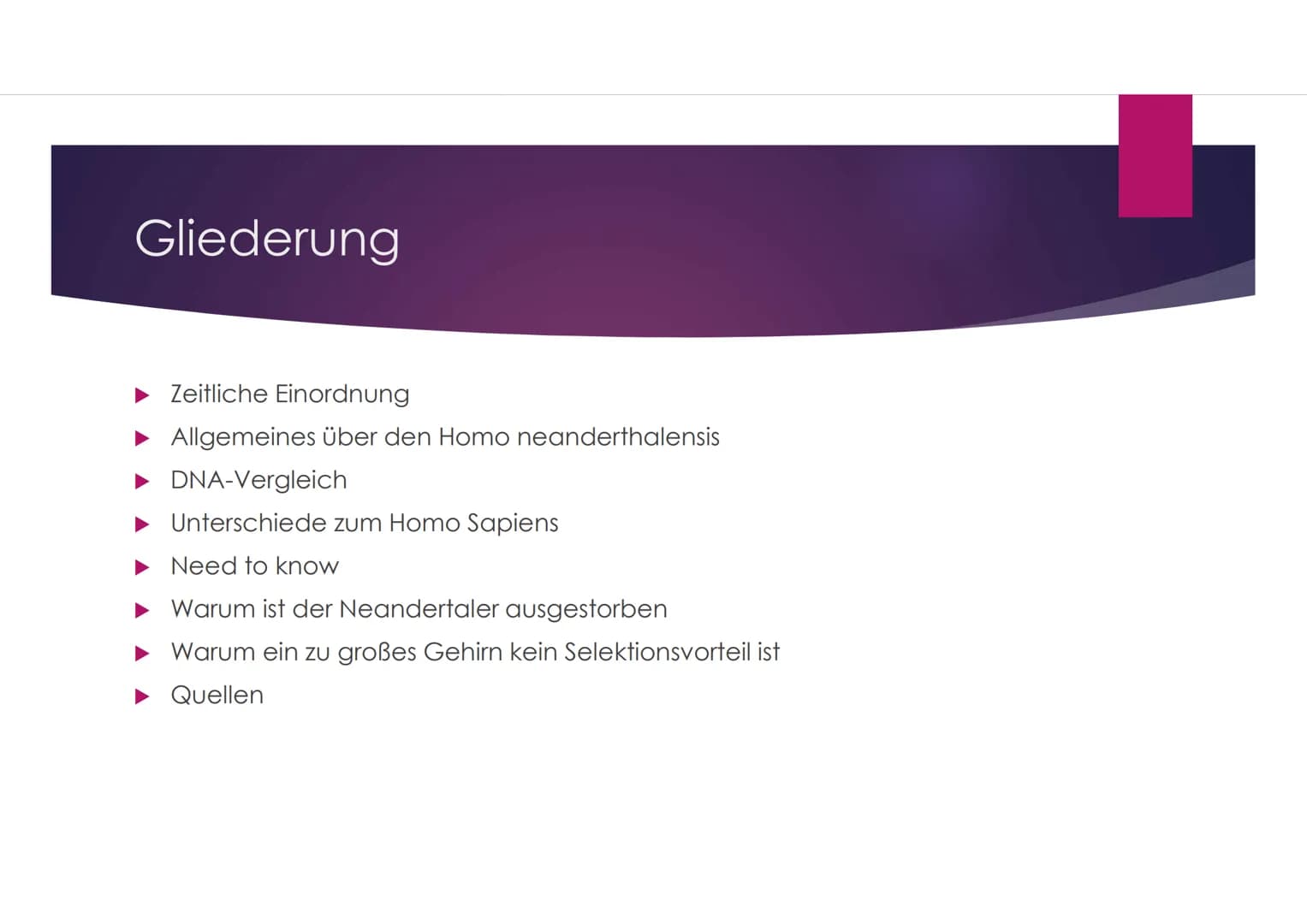 Der Neandertaler
EINE PRÄSENTATION VON VANESSA BEHRENS Gliederung
Zeitliche Einordnung
Allgemeines über den Homo neanderthalensis
DNA-Vergle