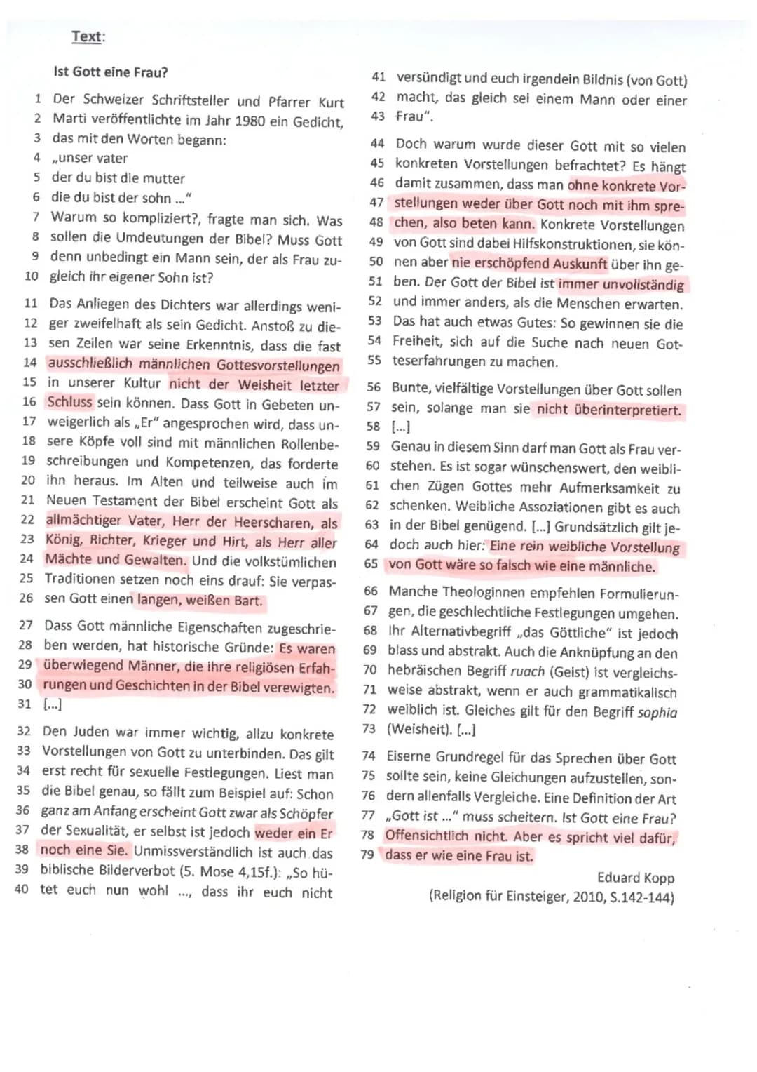 Text:
Ist Gott eine Frau?
1
Der Schweizer Schriftsteller und Pfarrer Kurt
2 Marti veröffentlichte im Jahr 1980 ein Gedicht,
3 das mit den Wo