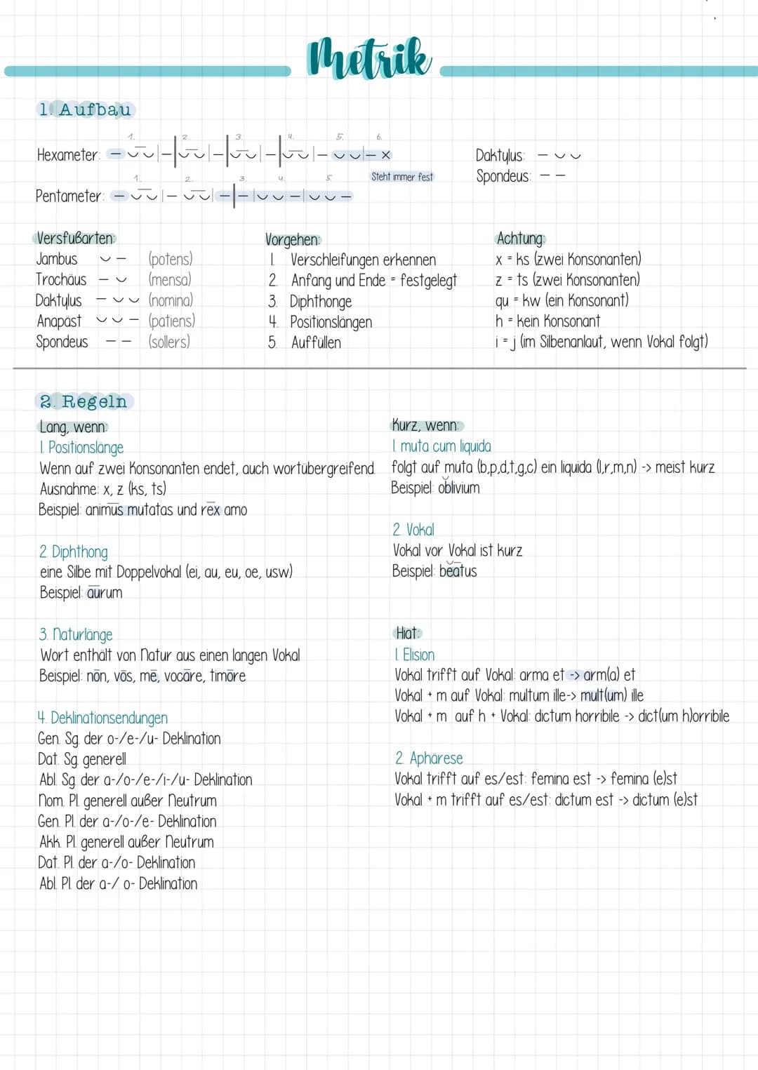 1. Aufbau
1.
1.
Hexameter-for-cu-x
Pentameter: -~~-~|-|-~-1~
Versfußarten:
Jambus
(potens)
Trochäus
(mensa)
Daktylus - (nomina)
Anapast
(pat