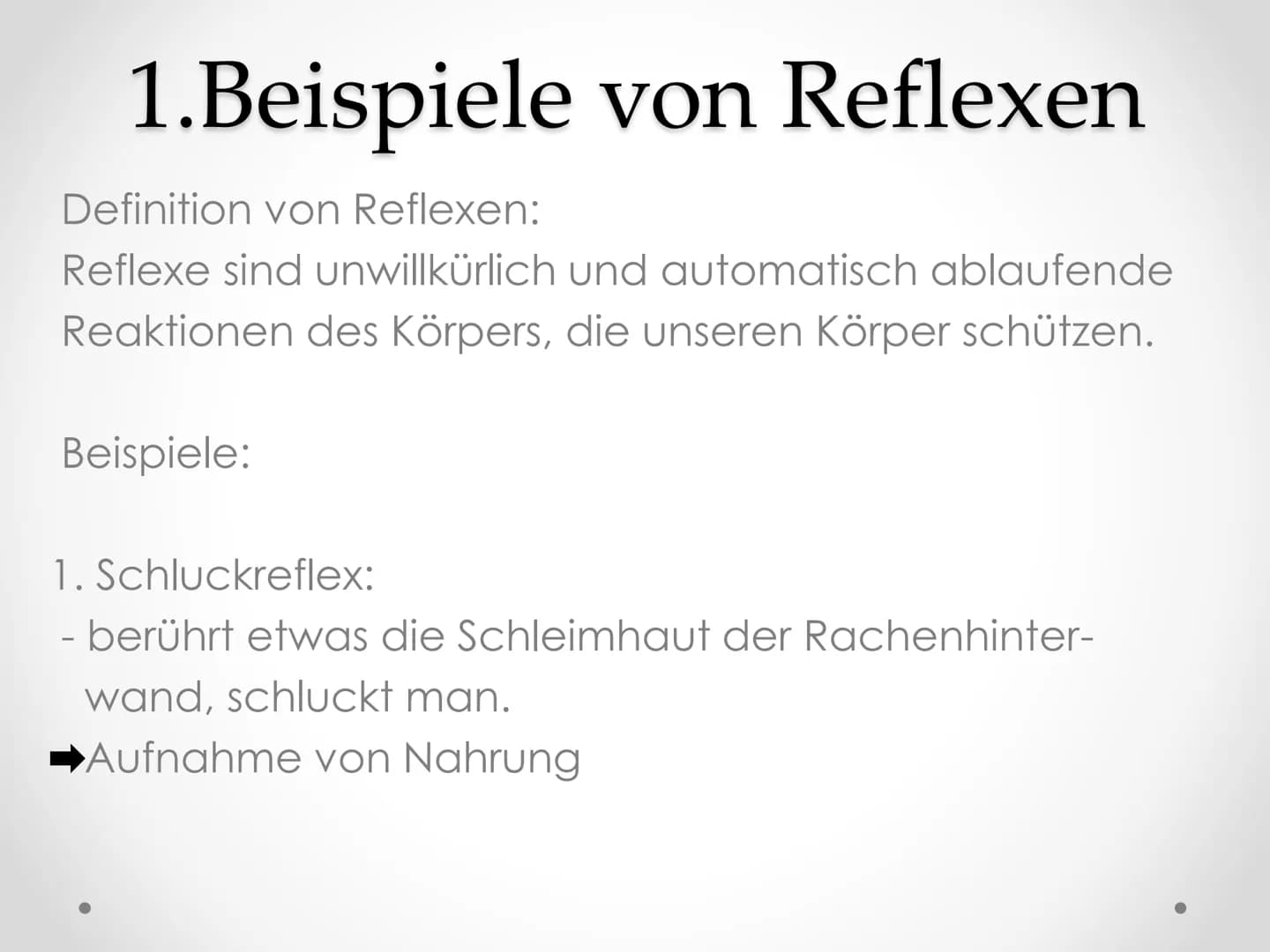 Reflexe
GFS im Fach Biologie ●
●
●
Gliederung
1. Beispiele von Reflexen
2. Kniescheibensehnenreflex
• 3. Grundlegender Ablauf eines Reflexes