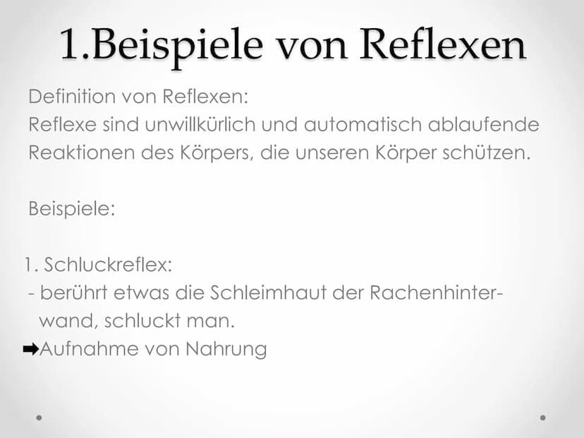 Reflexe
GFS im Fach Biologie ●
●
●
Gliederung
1. Beispiele von Reflexen
2. Kniescheibensehnenreflex
• 3. Grundlegender Ablauf eines Reflexes