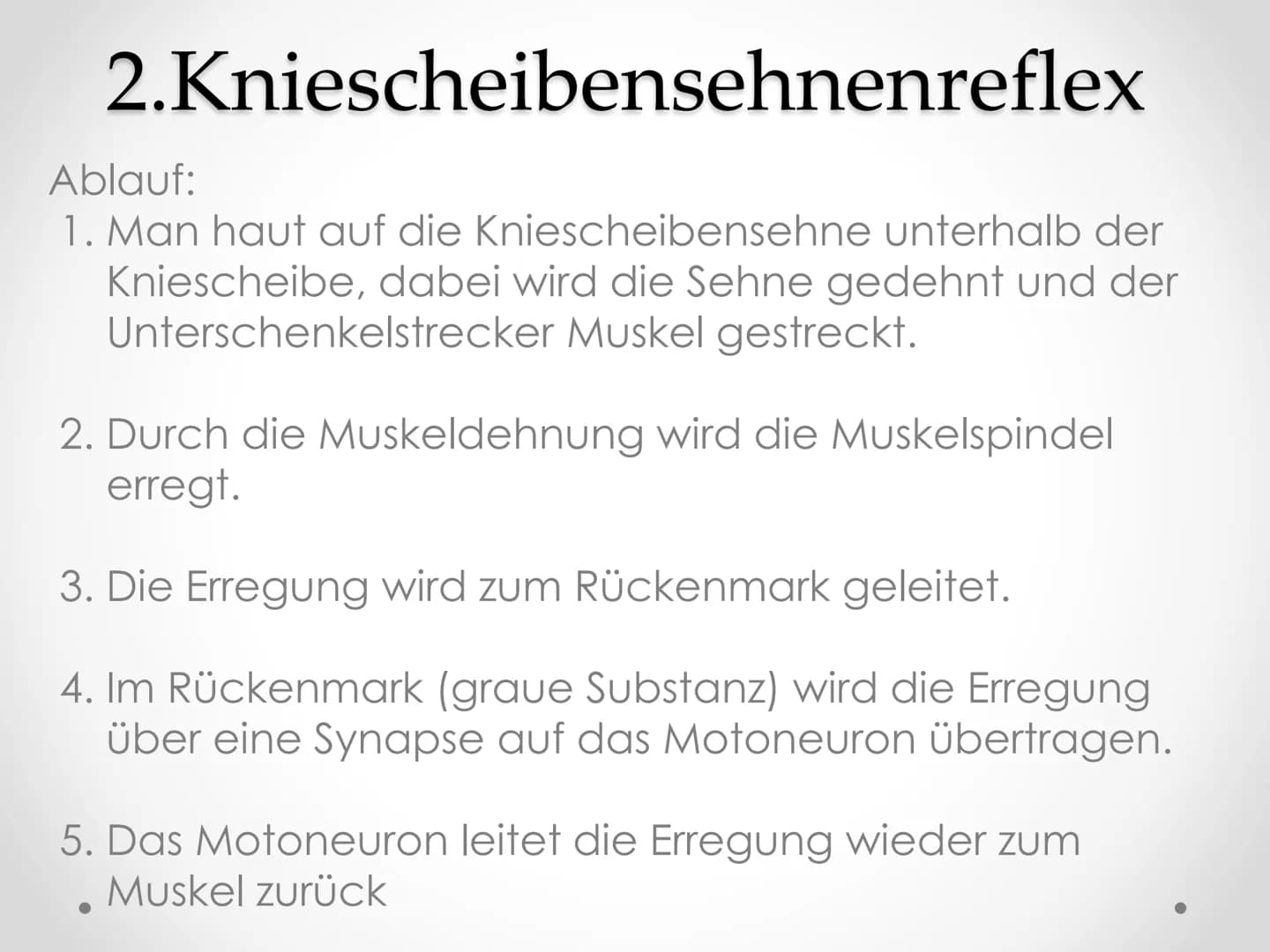 Reflexe
GFS im Fach Biologie ●
●
●
Gliederung
1. Beispiele von Reflexen
2. Kniescheibensehnenreflex
• 3. Grundlegender Ablauf eines Reflexes