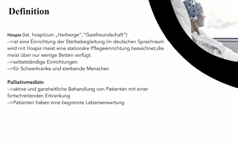 ne
Hospiz Inhalt
1.)Definition
2.)Die Geschichte des Hospiz
3.)Bedeutung für das Leben
4.)Aufnahmevoraussetzungen
5.)Finanzierung
6.)Beispie