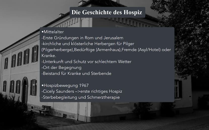 ne
Hospiz Inhalt
1.)Definition
2.)Die Geschichte des Hospiz
3.)Bedeutung für das Leben
4.)Aufnahmevoraussetzungen
5.)Finanzierung
6.)Beispie