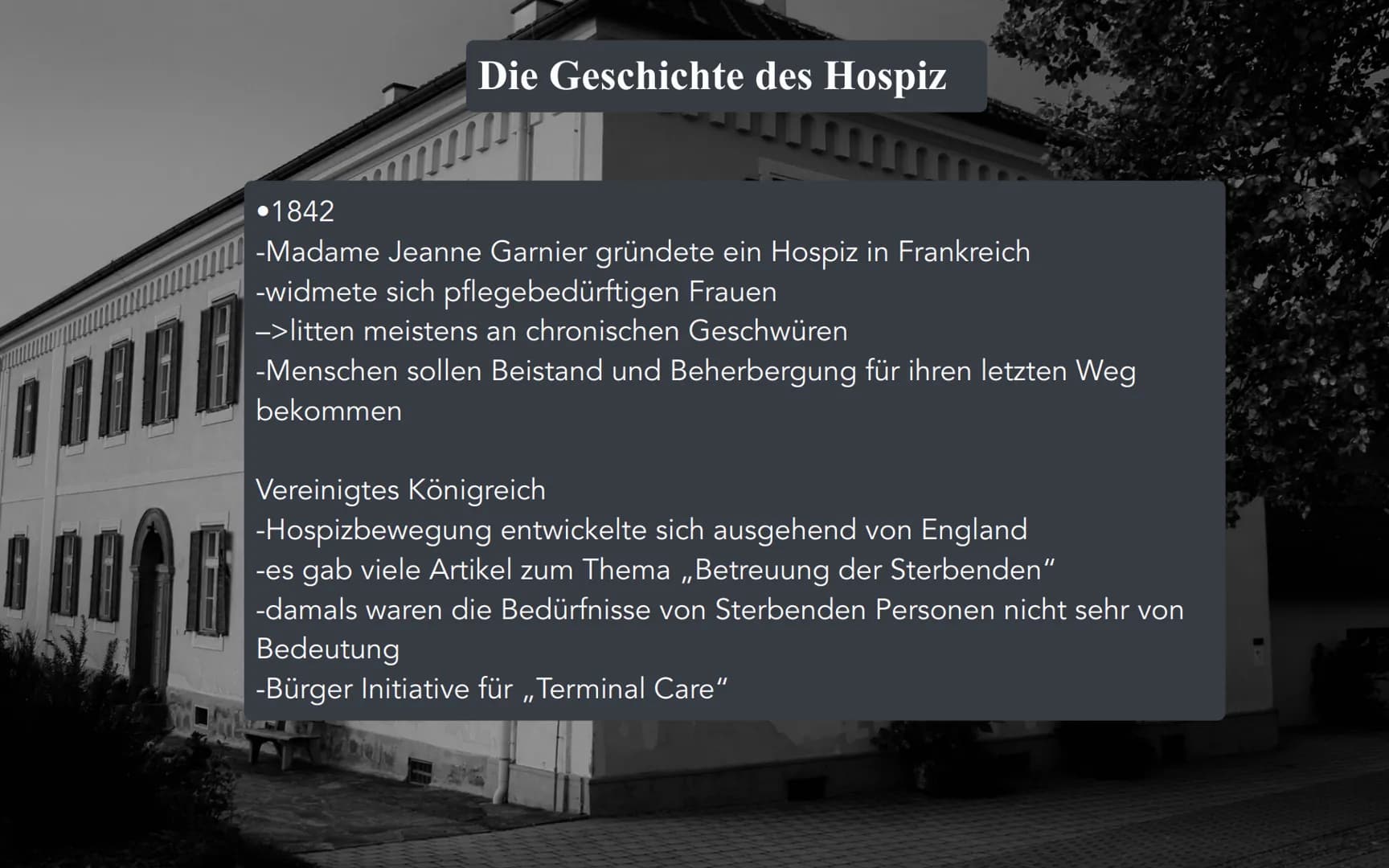 ne
Hospiz Inhalt
1.)Definition
2.)Die Geschichte des Hospiz
3.)Bedeutung für das Leben
4.)Aufnahmevoraussetzungen
5.)Finanzierung
6.)Beispie
