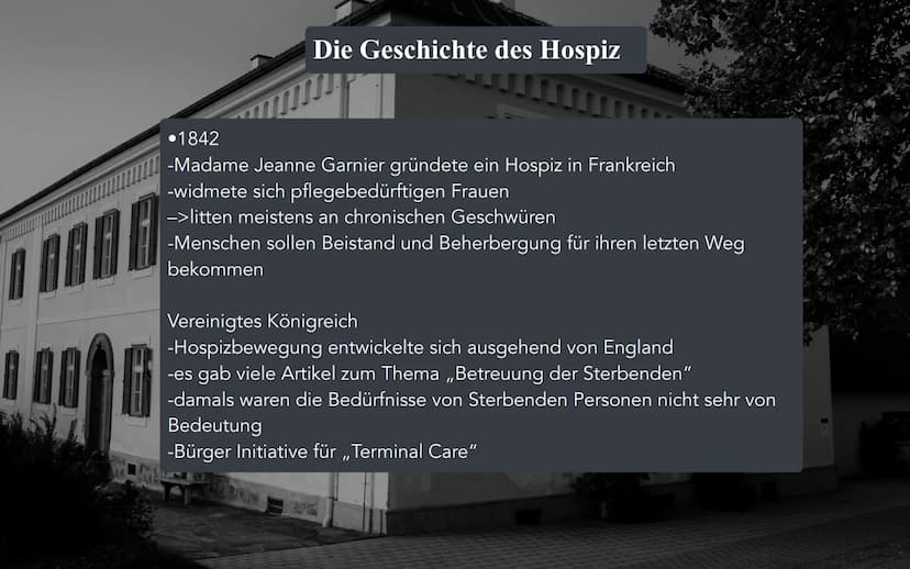 ne
Hospiz Inhalt
1.)Definition
2.)Die Geschichte des Hospiz
3.)Bedeutung für das Leben
4.)Aufnahmevoraussetzungen
5.)Finanzierung
6.)Beispie