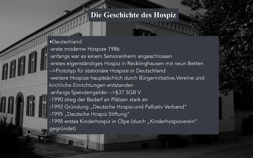 ne
Hospiz Inhalt
1.)Definition
2.)Die Geschichte des Hospiz
3.)Bedeutung für das Leben
4.)Aufnahmevoraussetzungen
5.)Finanzierung
6.)Beispie