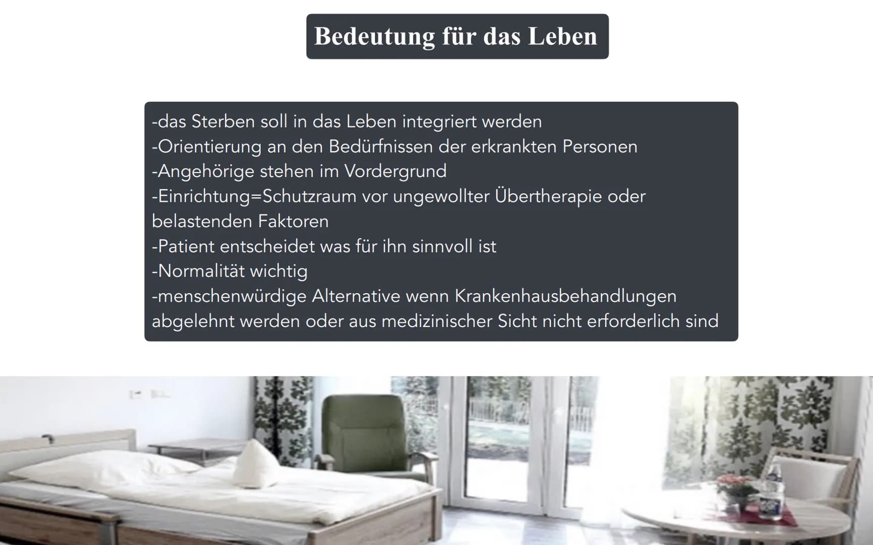 ne
Hospiz Inhalt
1.)Definition
2.)Die Geschichte des Hospiz
3.)Bedeutung für das Leben
4.)Aufnahmevoraussetzungen
5.)Finanzierung
6.)Beispie