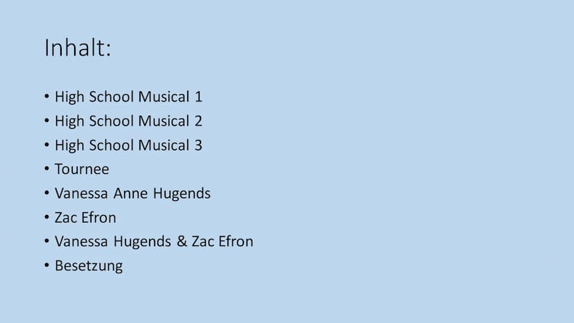 HIGH SCHOOL MUSICAL
HIGH
SCHOOL
MUSICAL Inhalt:
• High School Musical 1
High School Musical 2
High School Musical 3
●
●
Tournee
• Vanessa An