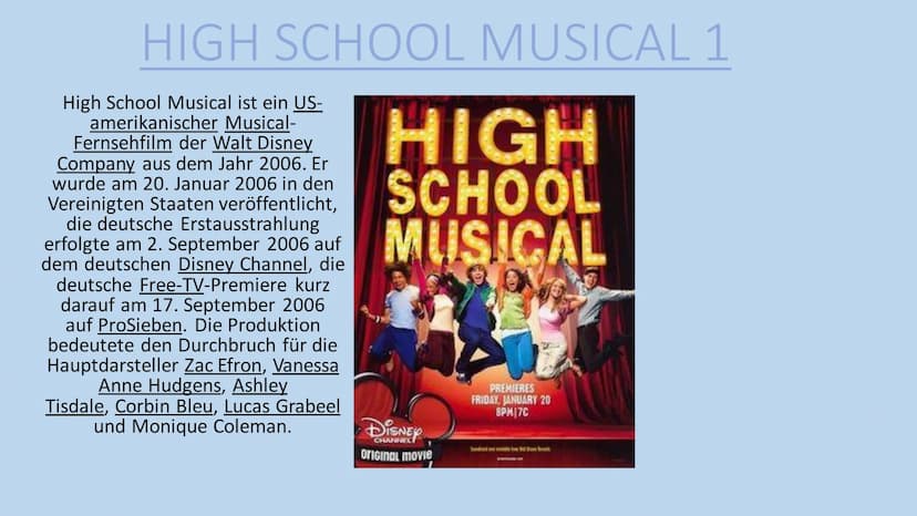 HIGH SCHOOL MUSICAL
HIGH
SCHOOL
MUSICAL Inhalt:
• High School Musical 1
High School Musical 2
High School Musical 3
●
●
Tournee
• Vanessa An