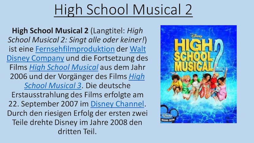 HIGH SCHOOL MUSICAL
HIGH
SCHOOL
MUSICAL Inhalt:
• High School Musical 1
High School Musical 2
High School Musical 3
●
●
Tournee
• Vanessa An