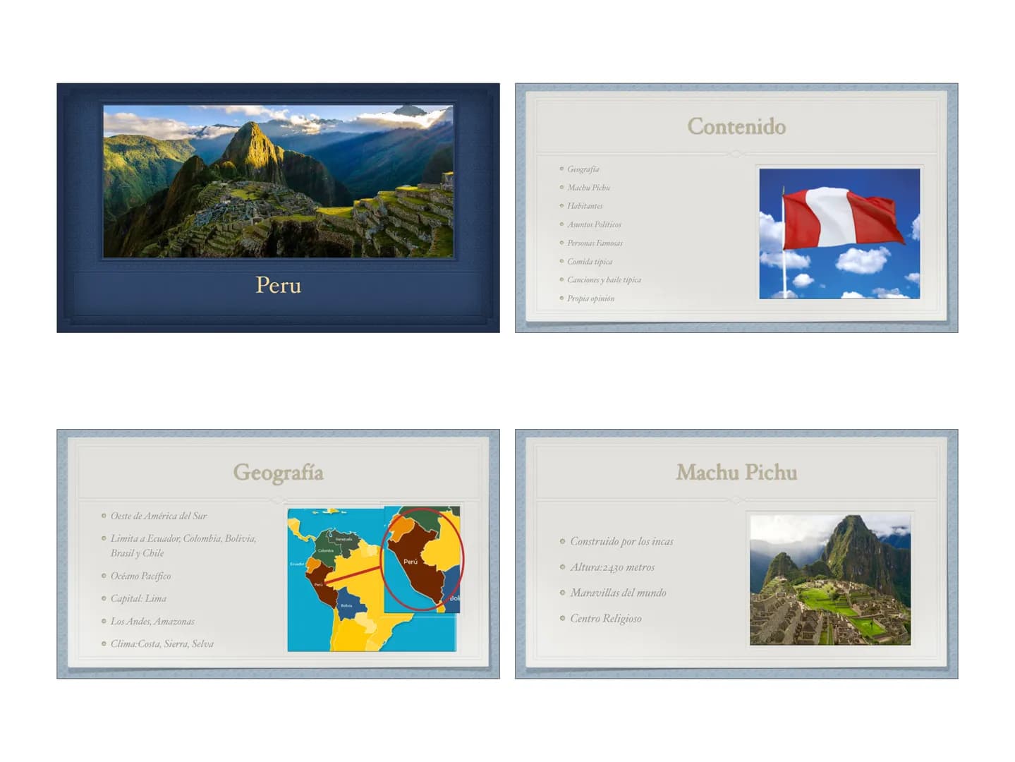 Peru
Los Andes, Amazonas
Clima:Costa, Sierra, Selva
Geografía
Oeste de América del Sur
• Limita a Ecuador, Colombia, Bolivia,
Brasil y Chile